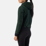 Women's Rebella Green Hooded Suede Leather Bomber Jacket