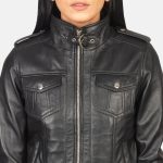 Women's Roslyn Black Hooded Leather Bomber Jacket