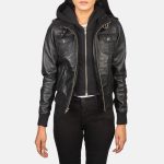 Women's Roslyn Black Hooded Leather Bomber Jacket