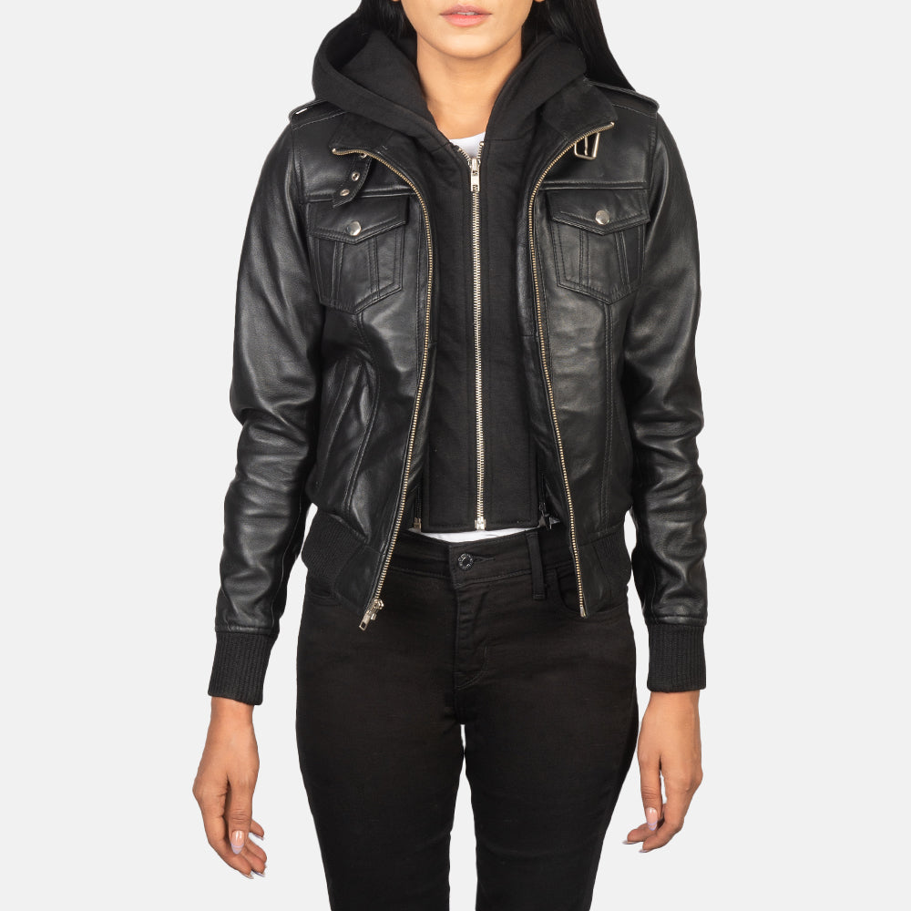 Women's Roslyn Black Hooded Leather Bomber Jacket