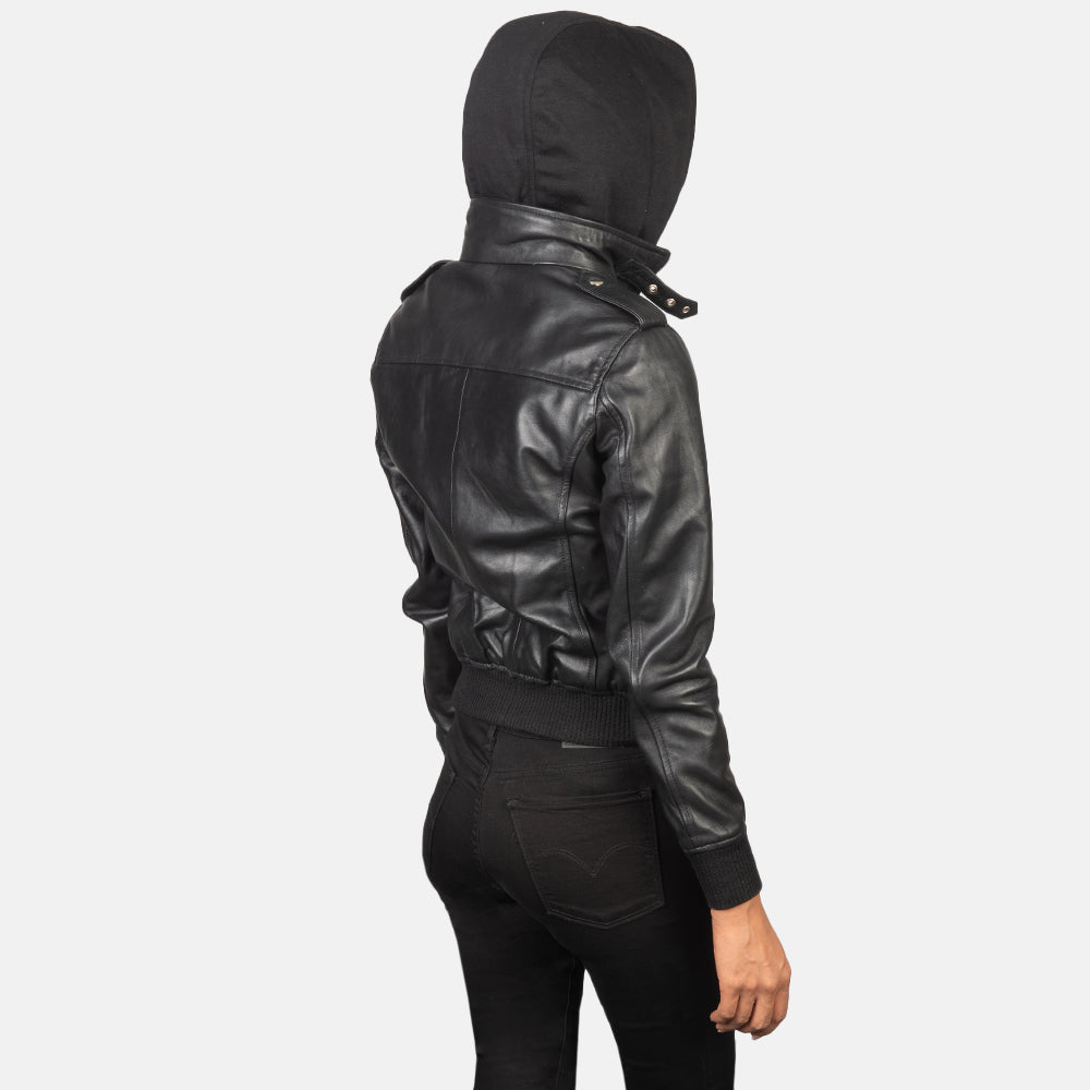 Women's Roslyn Black Hooded Leather Bomber Jacket