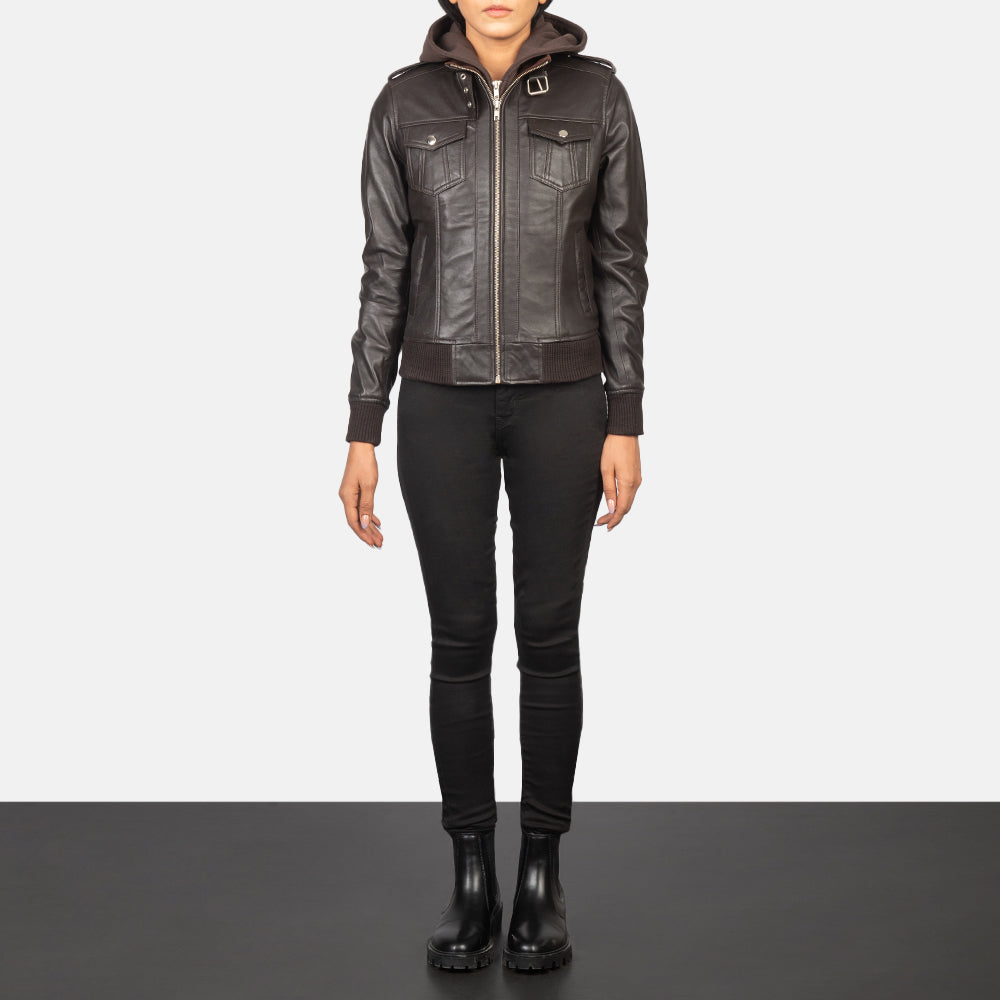 Women's Roslyn Brown Hooded Leather Bomber Jacket