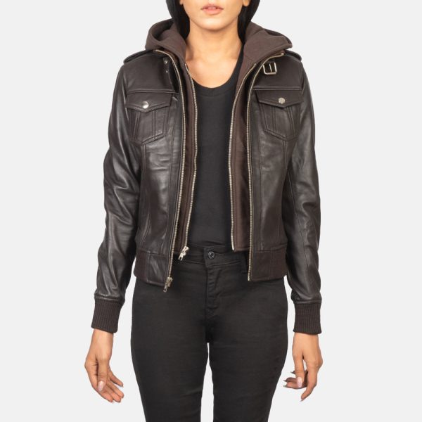 Women's Roslyn Brown Hooded Leather Bomber Jacket