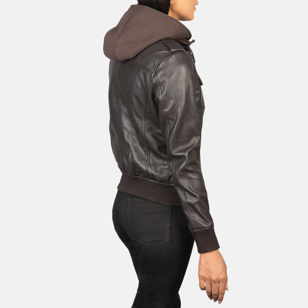 Women's Roslyn Brown Hooded Leather Bomber Jacket