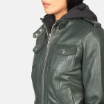 Women's Roslyn Green Hooded Leather Bomber Jacket