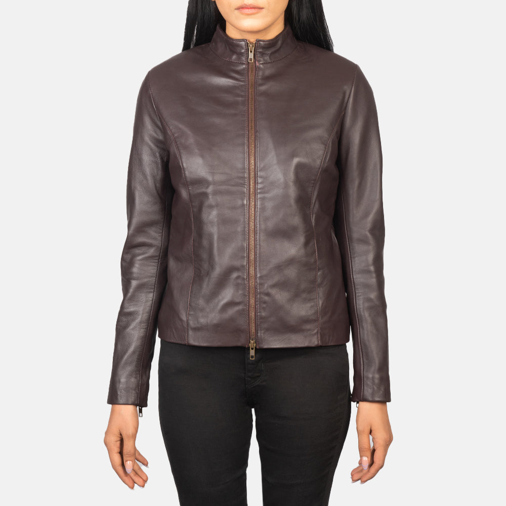 Women's Rumella Maroon Leather Biker Jacket