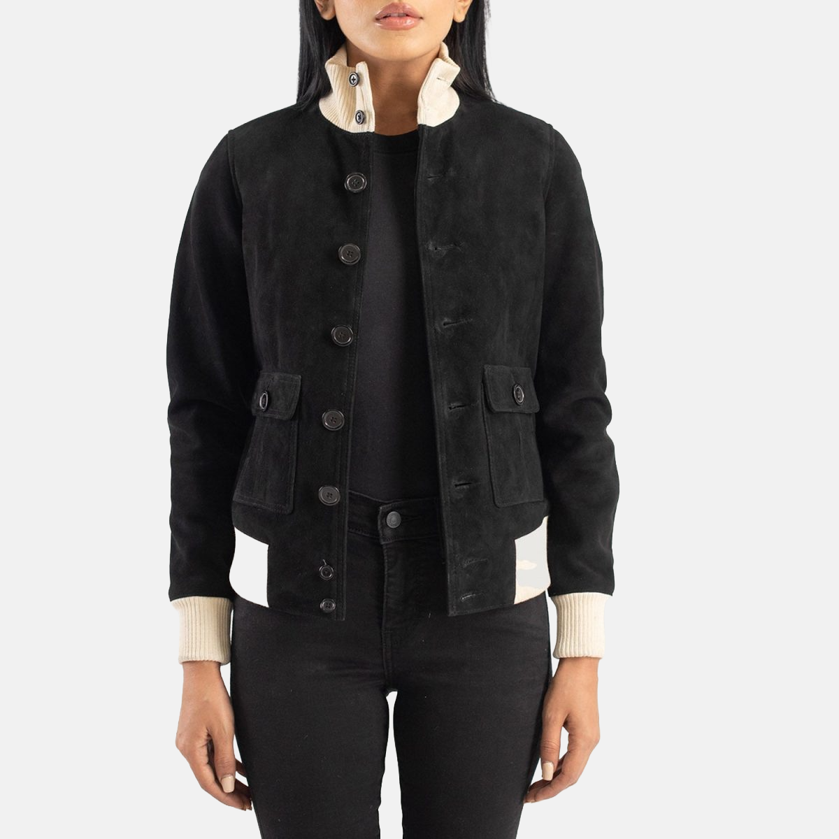 Women's Sasha A1 Black Suede Leather Bomber Jacket