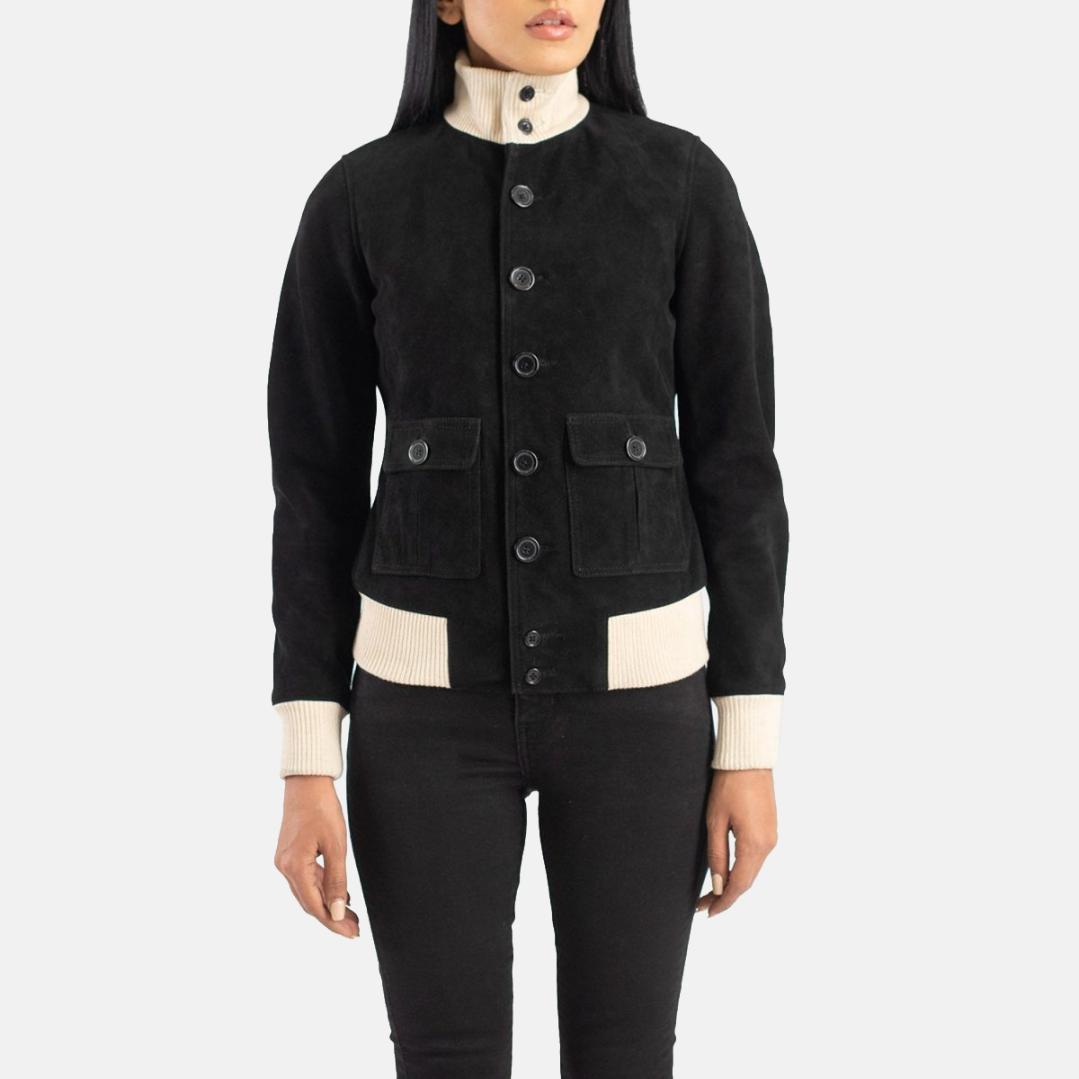 Women's Sasha A1 Black Suede Leather Bomber Jacket