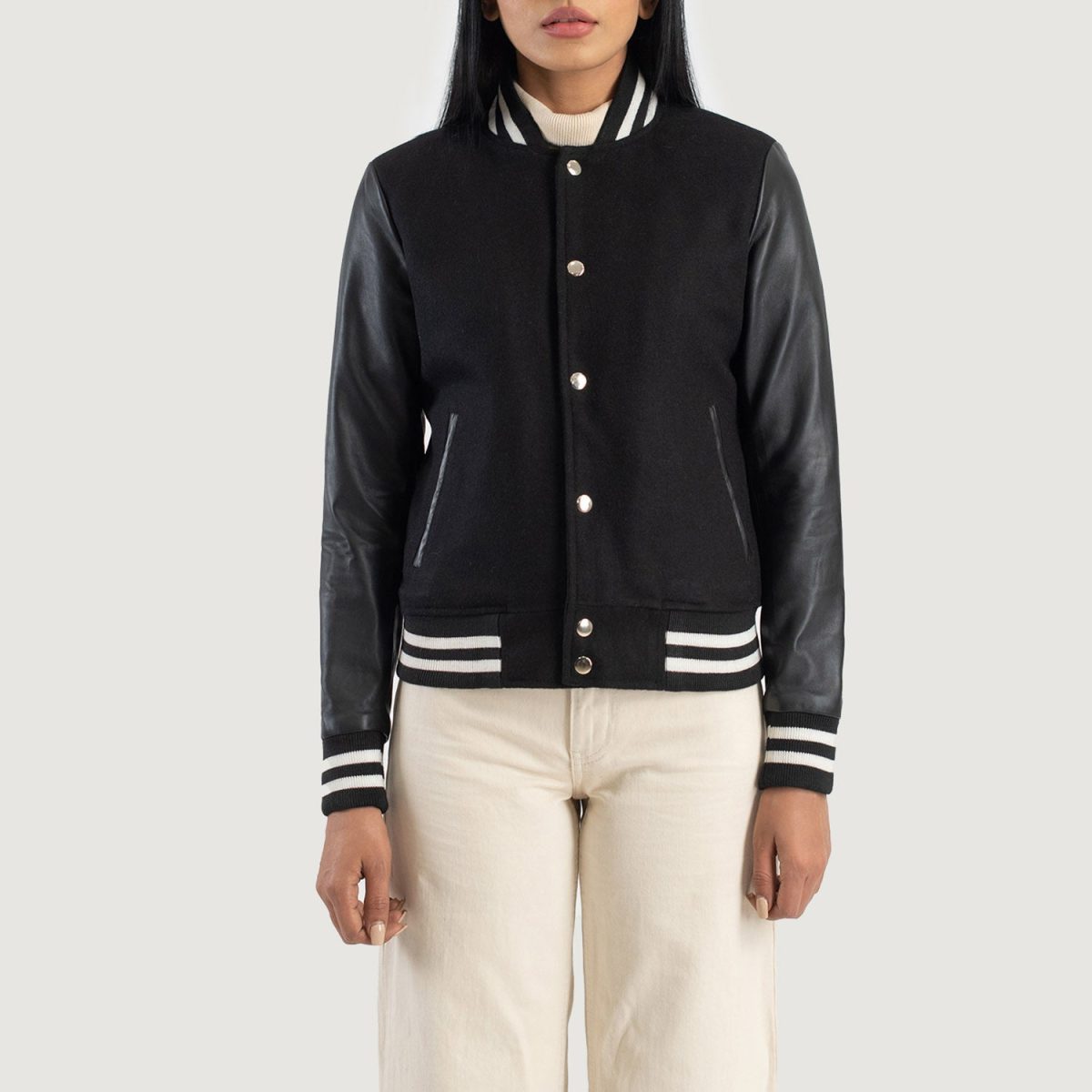 Women's Savant Black Hybrid Varsity Bomber Jacket