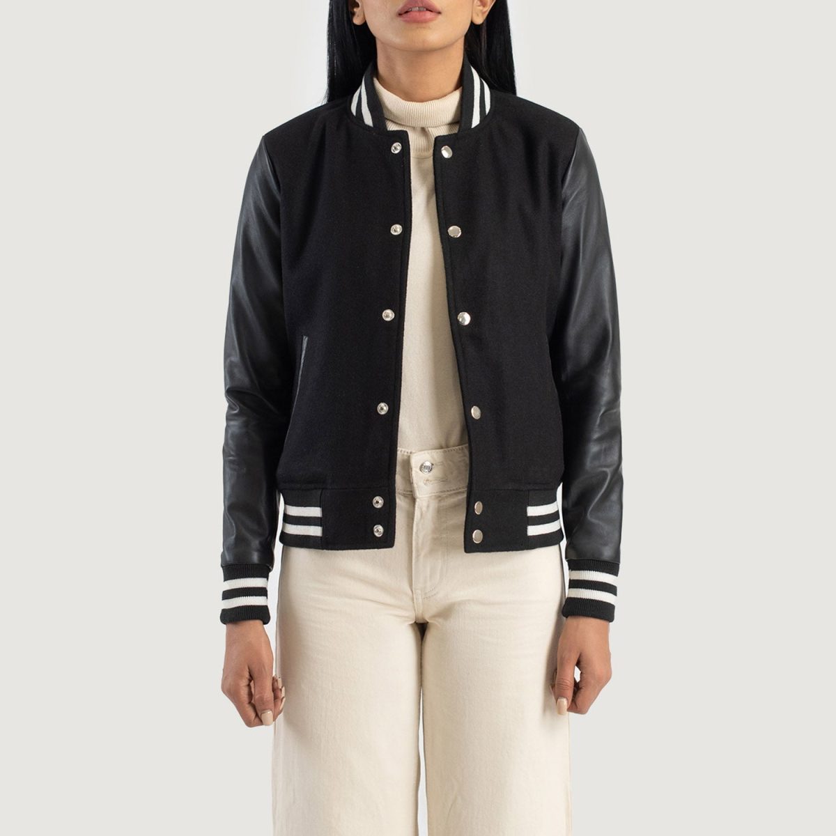 Women's Savant Black Hybrid Varsity Bomber Jacket