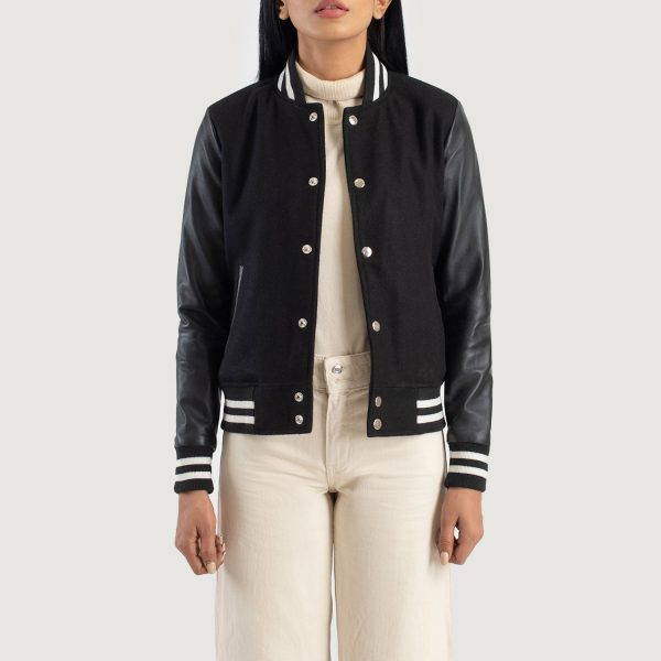 Women's Savant Black Hybrid Varsity Bomber Jacket