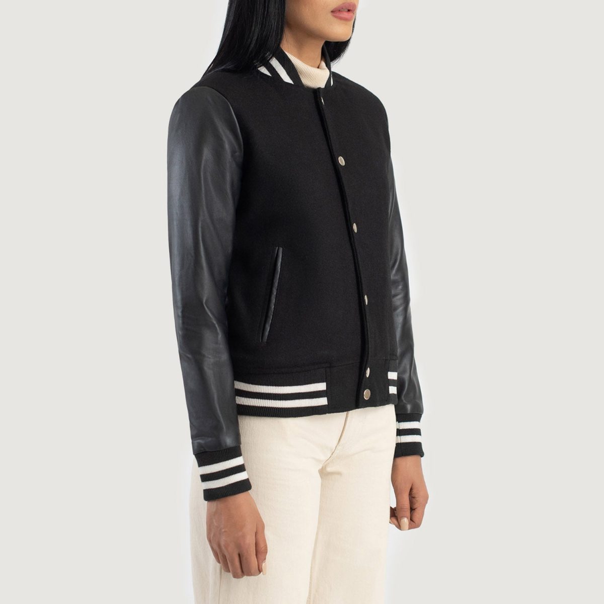 Women's Savant Black Hybrid Varsity Bomber Jacket