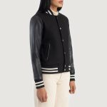 Women's Savant Black Hybrid Varsity Bomber Jacket