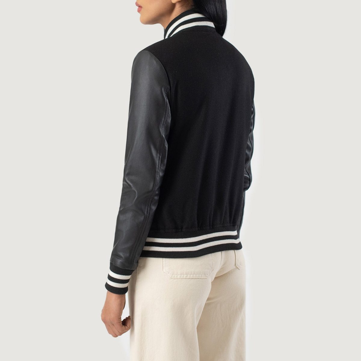 Women's Savant Black Hybrid Varsity Bomber Jacket