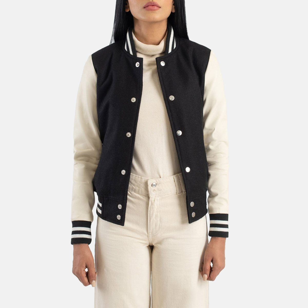 Women's Savant Black & White Hybrid Varsity Bomber Jacket