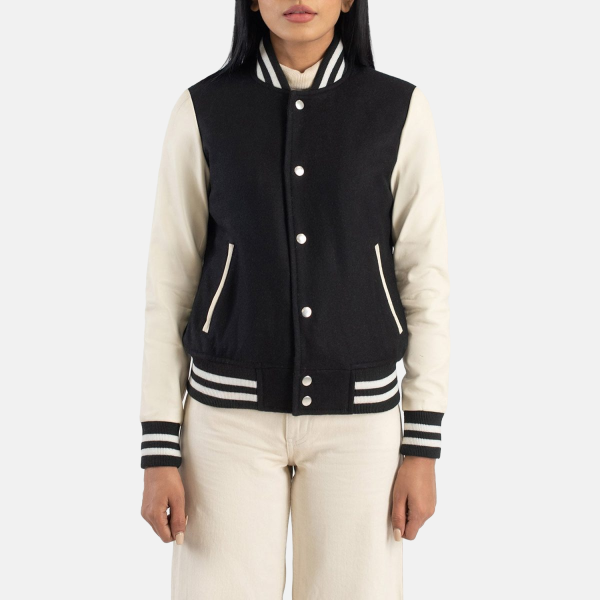 Women's Savant Black & White Hybrid Varsity Bomber Jacket