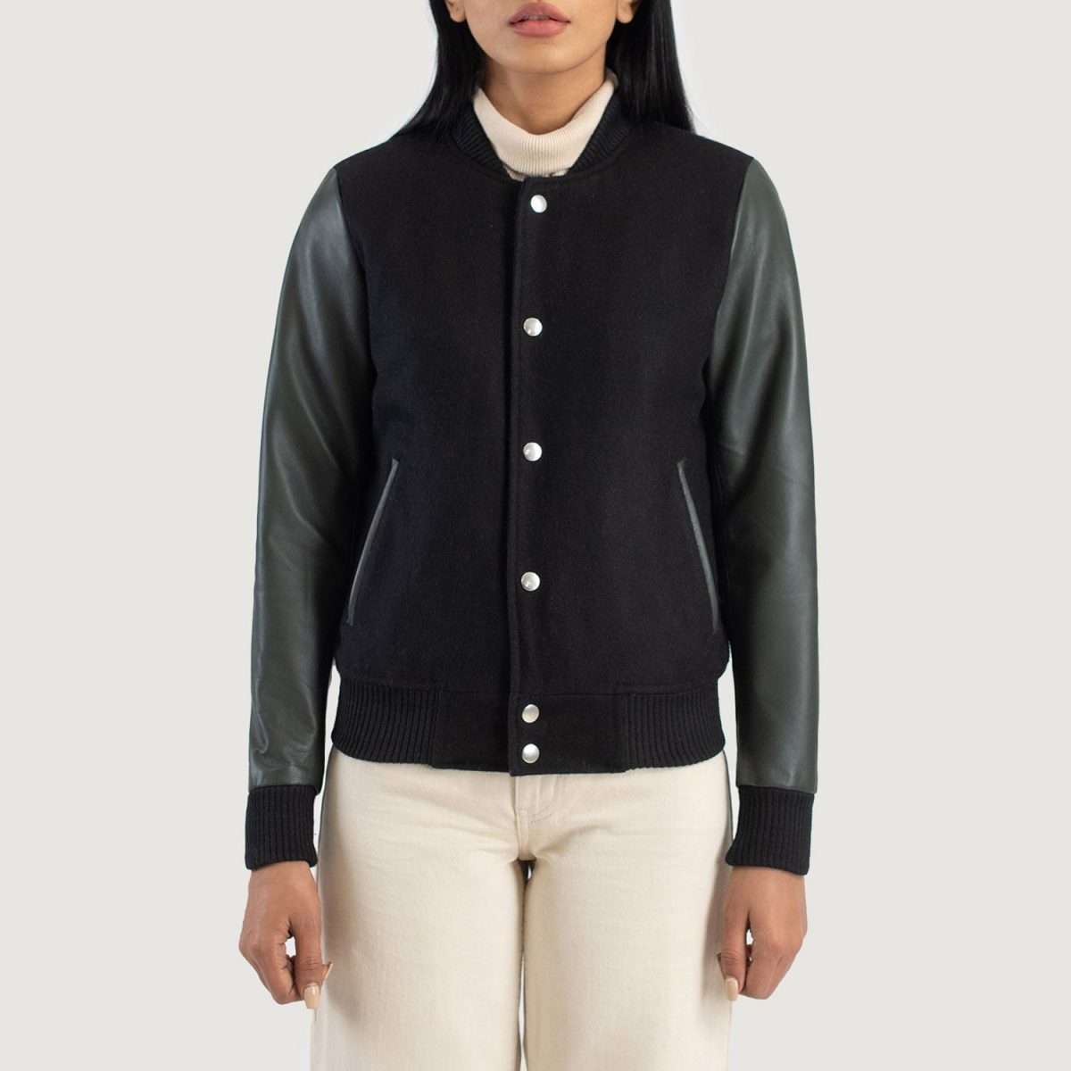 Women's Savant Green Hybrid Varsity Bomber Jacket