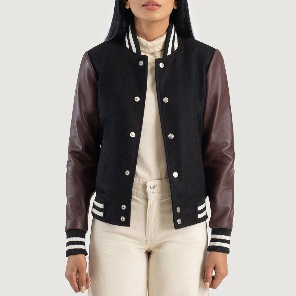 Women's Savant Maroon Hybrid Varsity Bomber Jacket