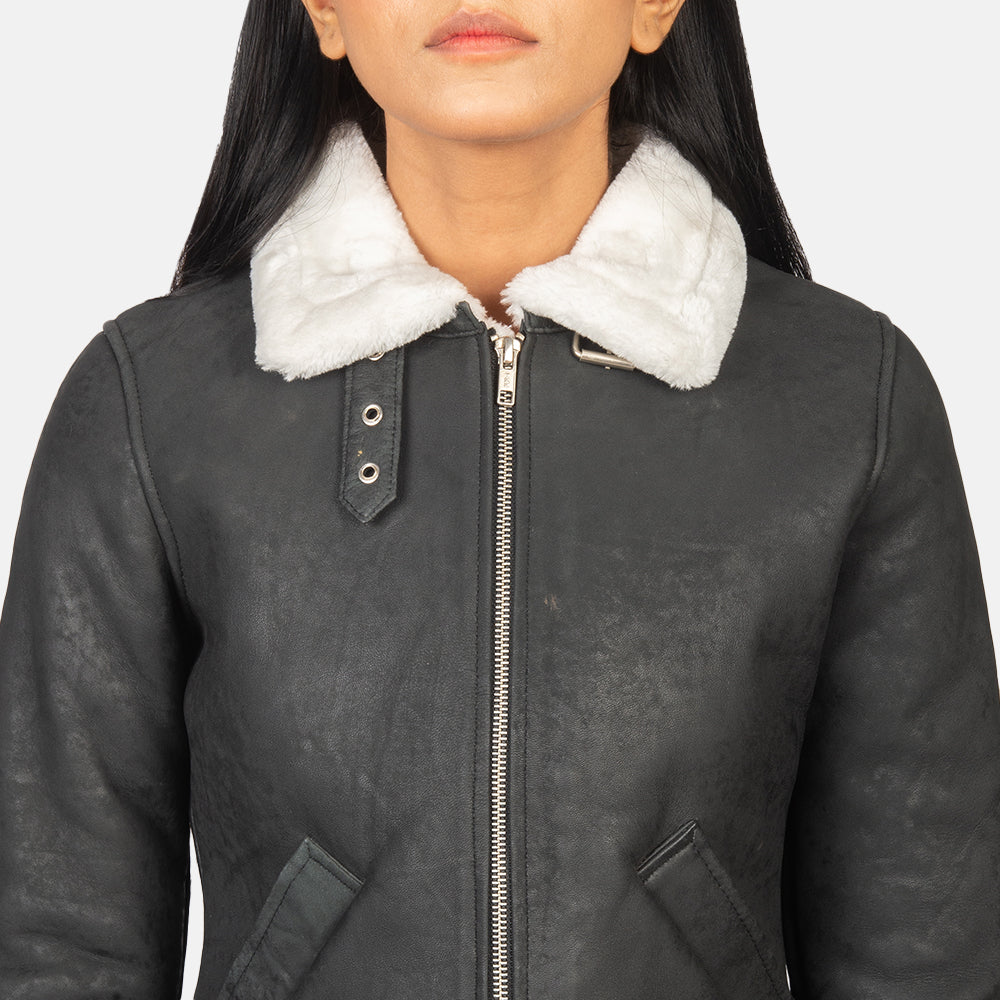 Women's B-3 Black & White Leather Bomber Jacket