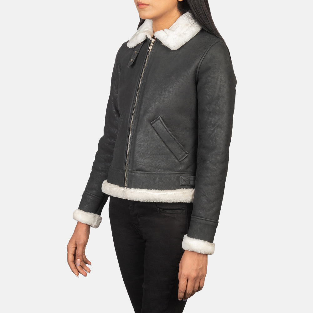 Women's B-3 Black & White Leather Bomber Jacket