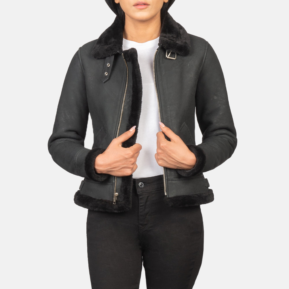 Women's B-3 Distressed Black Leather Bomber Jacket