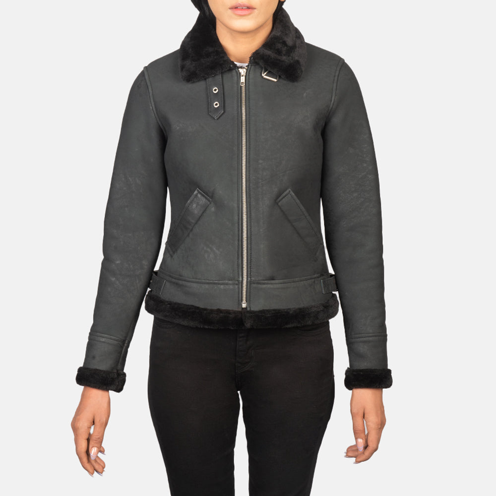 Women's B-3 Distressed Black Leather Bomber Jacket