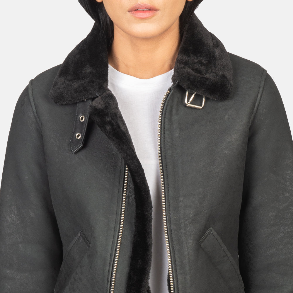 Women's B-3 Distressed Black Leather Bomber Jacket