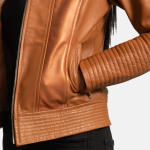 Women's Sleeky Clean Tan Brown Leather Biker Jacket