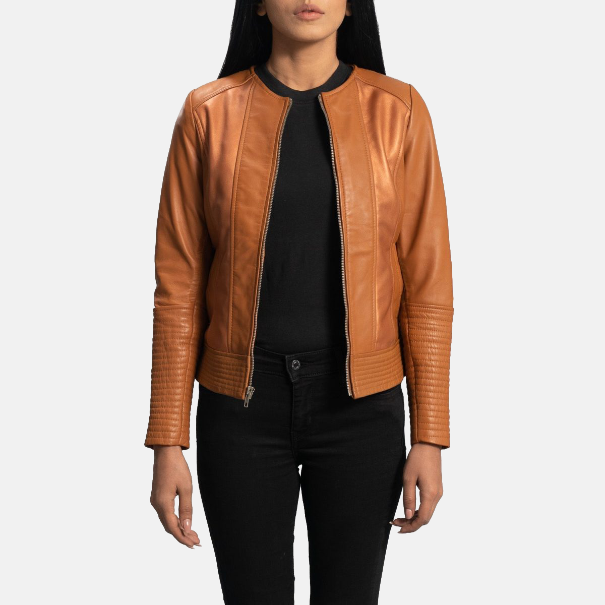 Women's Sleeky Clean Tan Brown Leather Biker Jacket