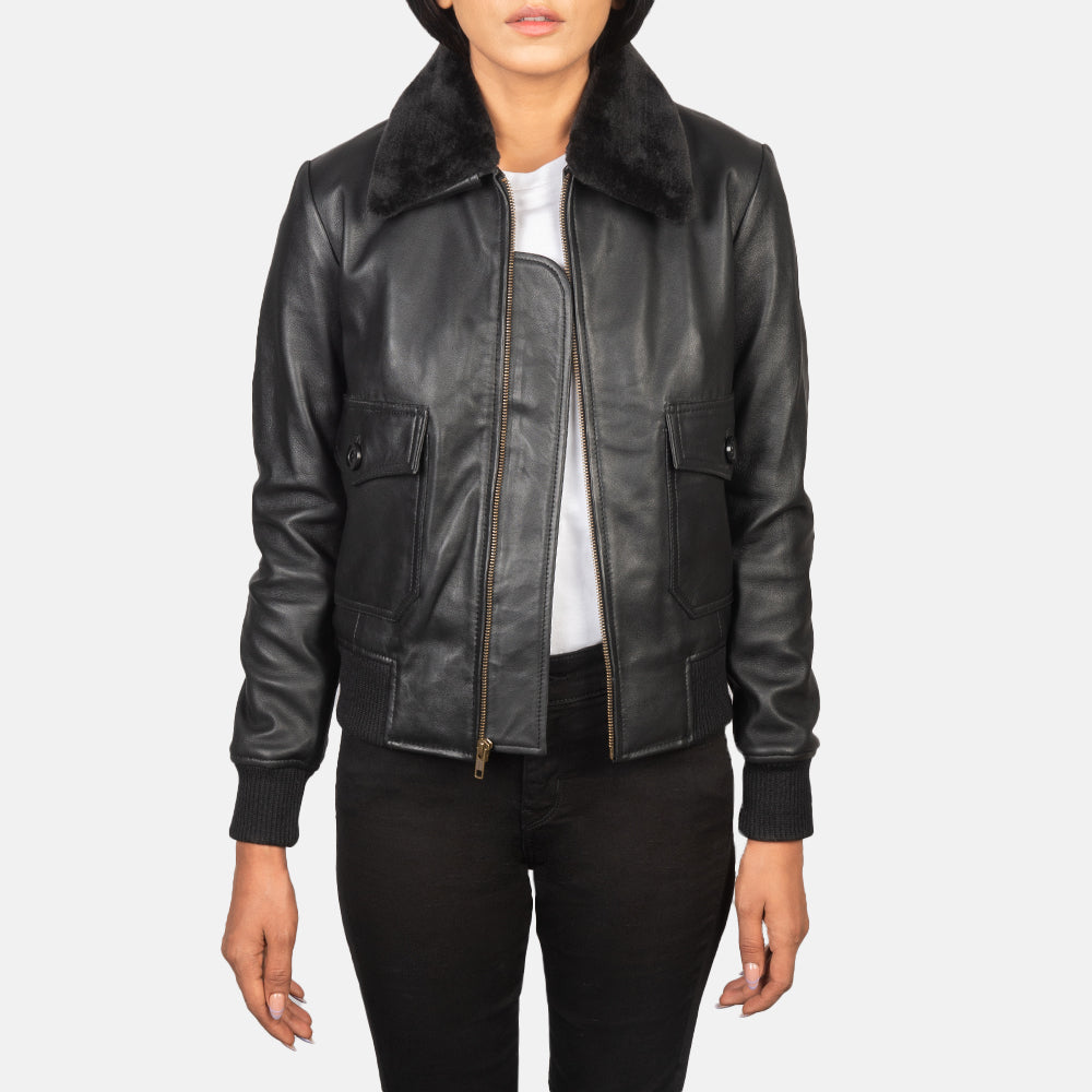 Women's Stella G-1 Black Leather Bomber Jacket