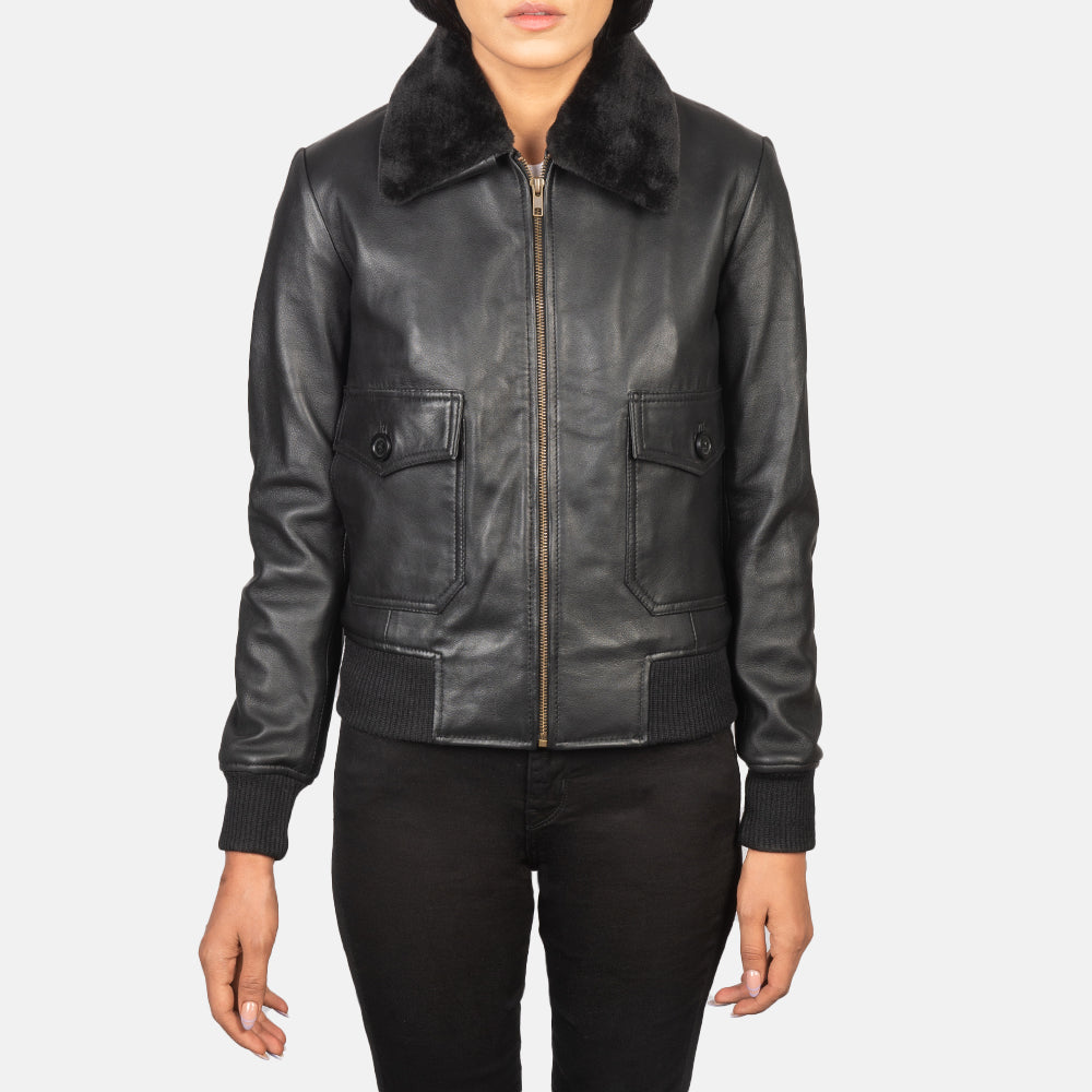 Women's Stella G-1 Black Leather Bomber Jacket