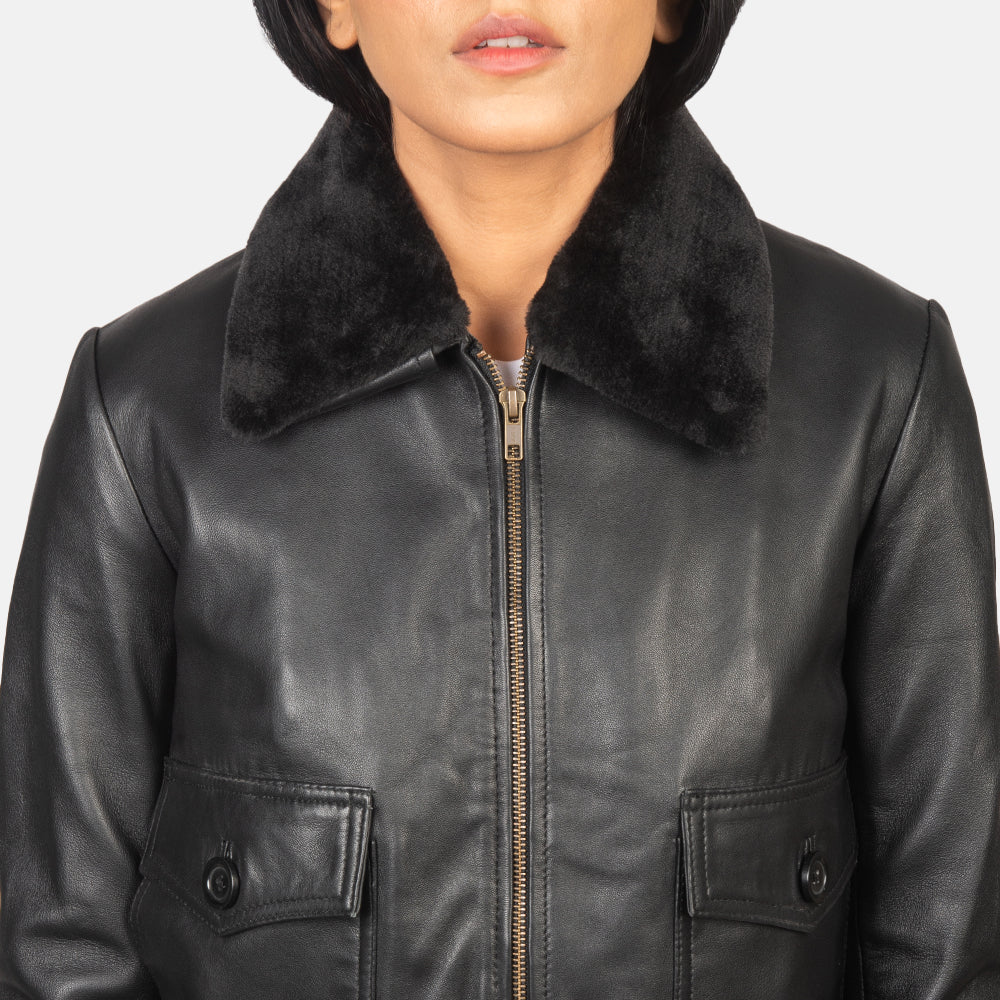Women's Stella G-1 Black Leather Bomber Jacket