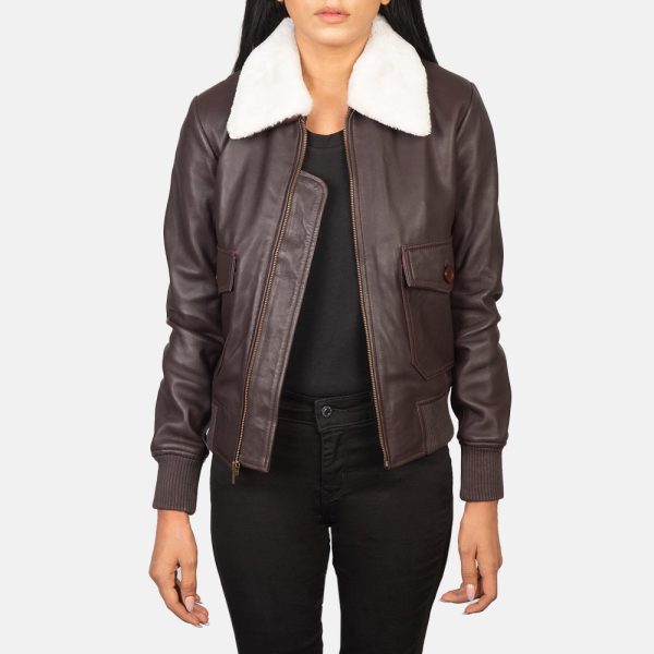 Women's Stella G-1 Fur Collar Maroon Leather Bomber Jacket