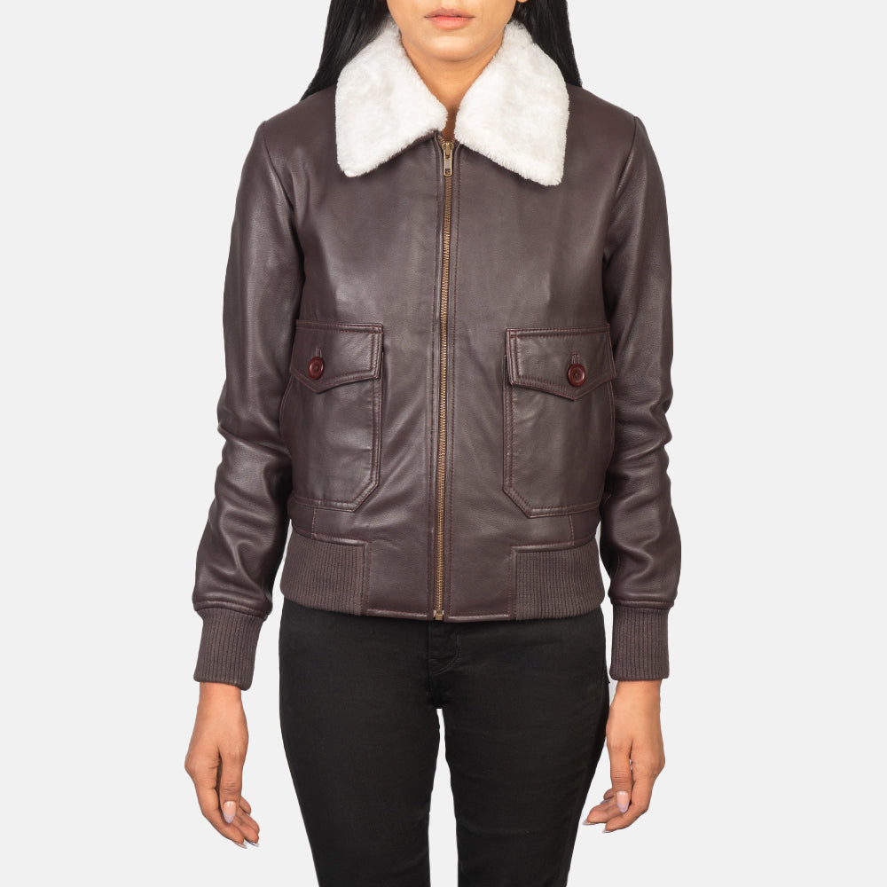 Women's Stella G-1 Fur Collar Maroon Leather Bomber Jacket