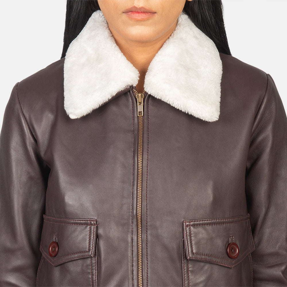 Women's Stella G-1 Fur Collar Maroon Leather Bomber Jacket