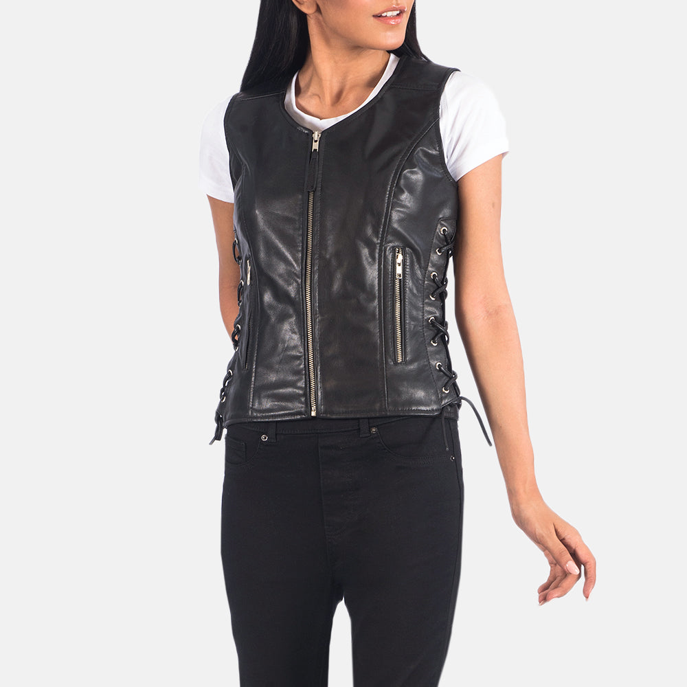Women's Vanda Black Leather Biker Vest