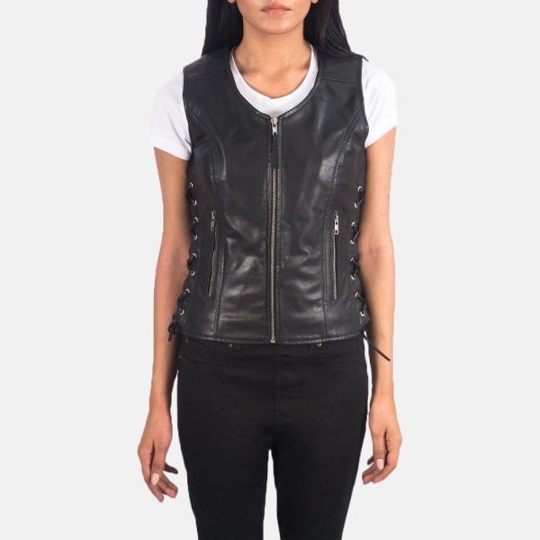 Women's Vanda Black Leather Biker Vest