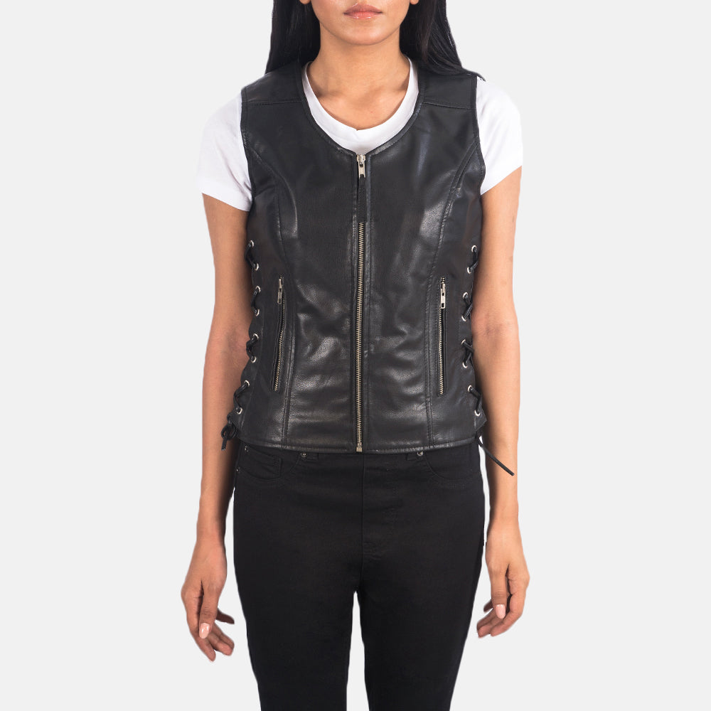 Women's Vanda Black Leather Biker Vest