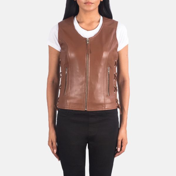 Women's Vanda Brown Leather Biker Vest
