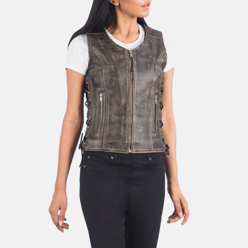 Women's Vanda Distressed Brown Leather Biker Vest