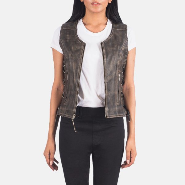 Women's Vanda Distressed Brown Leather Biker Vest