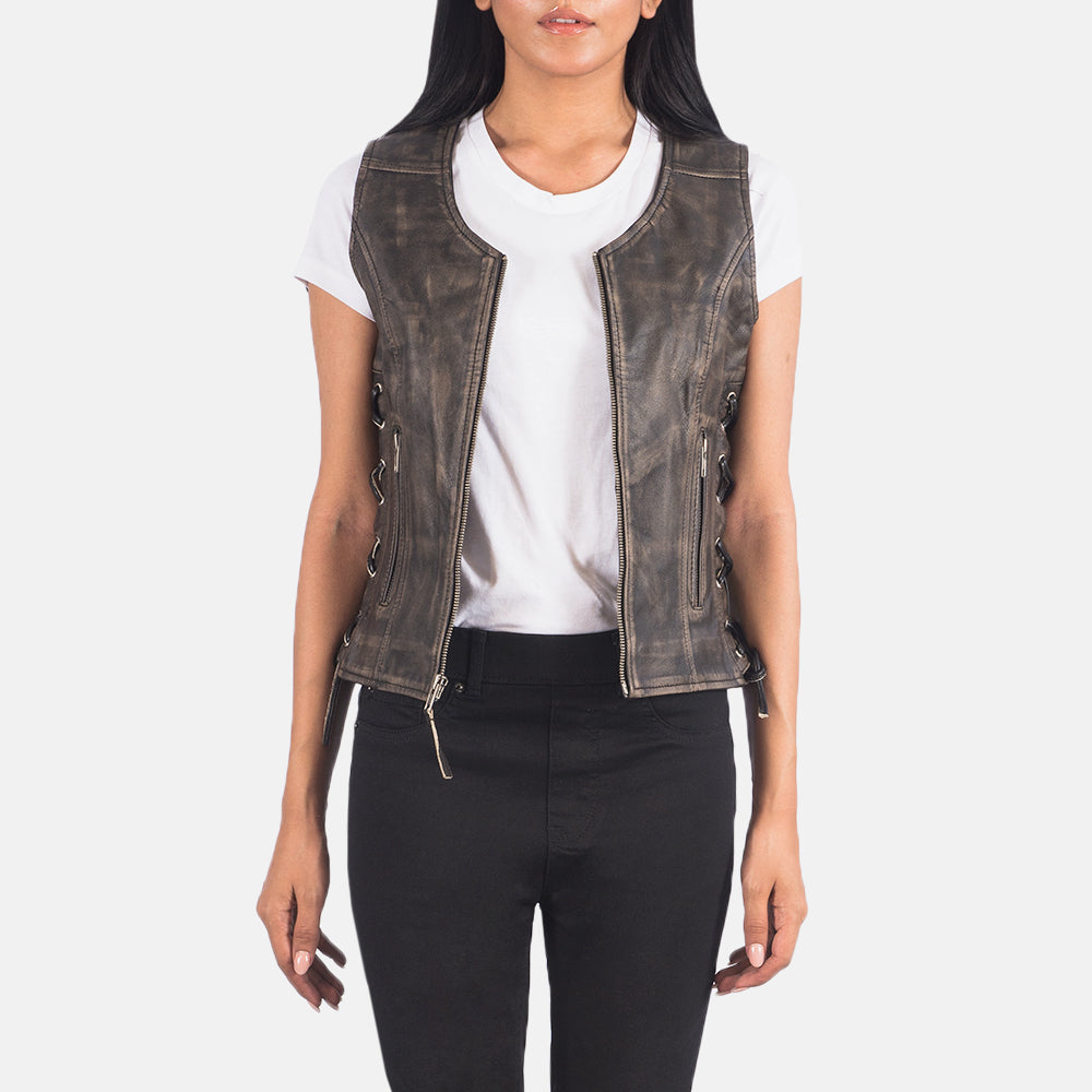 Women's Vanda Distressed Brown Leather Biker Vest