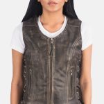 Women's Vanda Distressed Brown Leather Biker Vest