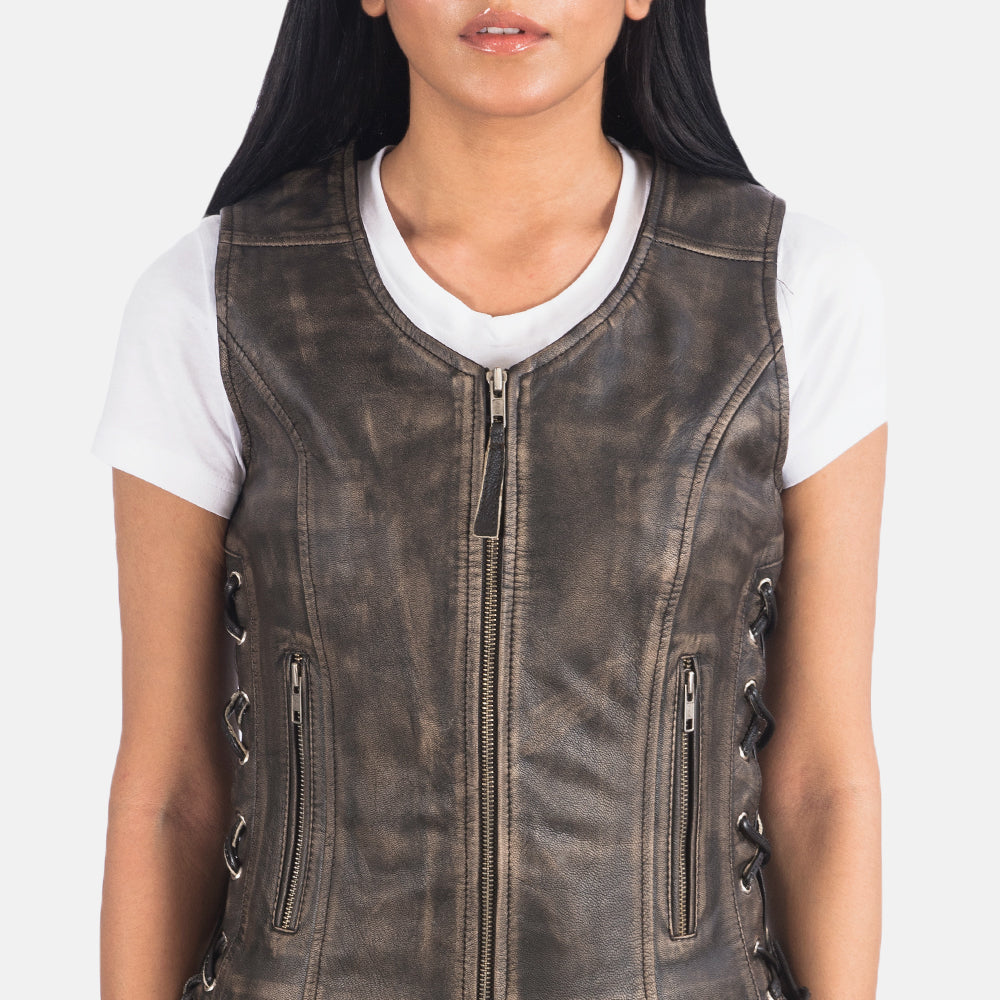 Women's Vanda Distressed Brown Leather Biker Vest