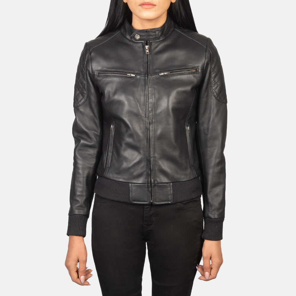 Women's Zenna Black Leather Biker Bomber Jacket