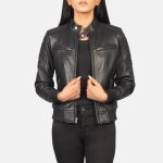 Women's Zenna Black Leather Biker Bomber Jacket