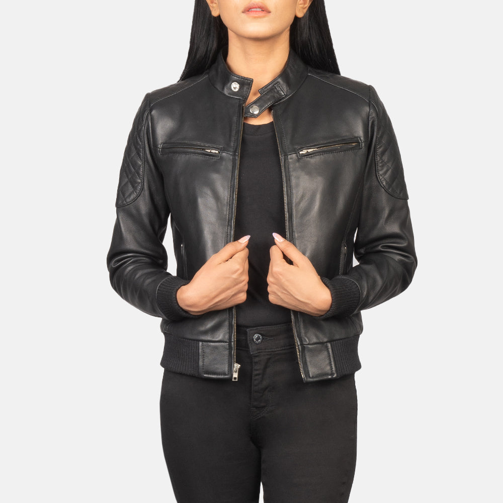 Women's Zenna Black Leather Biker Bomber Jacket