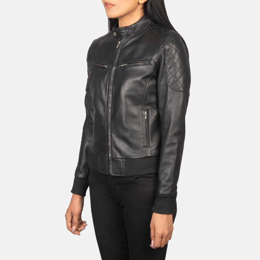 Women's Zenna Black Leather Biker Bomber Jacket