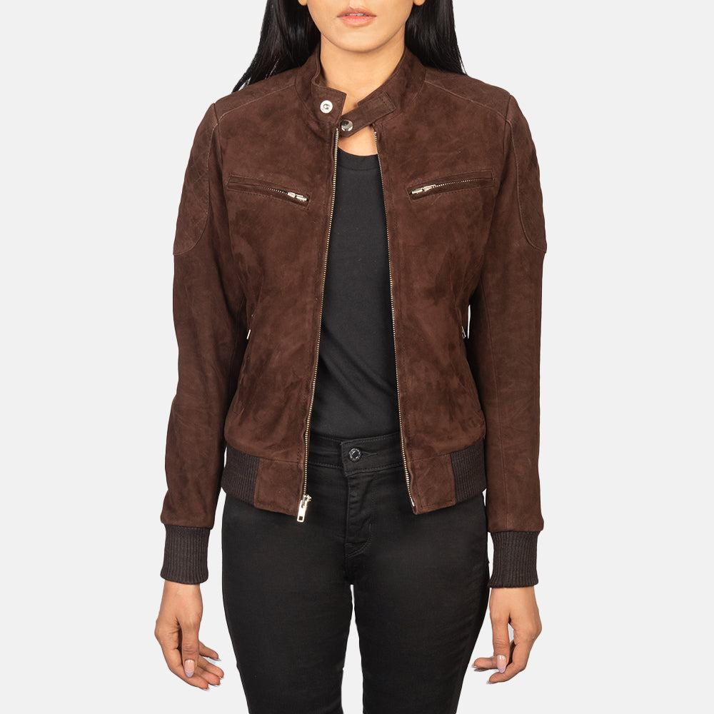 Women's Zenna Mocha Leather Biker Bomber Jacket