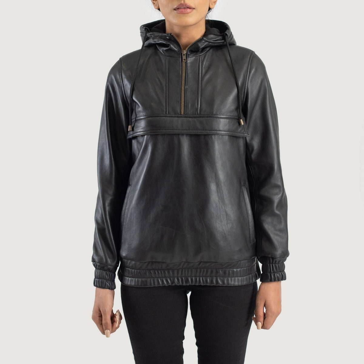 Women's Zest Black Hooded Leather Pullover Jacket